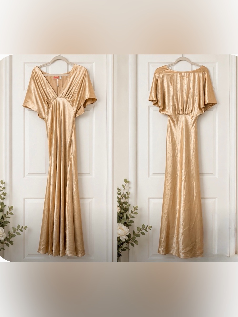 Free People Gold Satin V-Neck Evening Dress